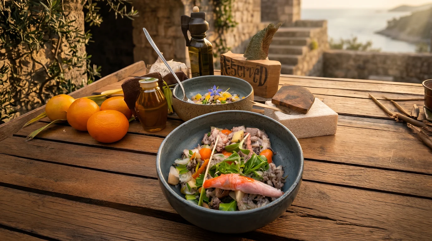 Frischer mediterraner Meeresfrüchtesalat mit Oktopus und Rucola in einer blauen Keramikschale, serviert auf einem Holztisch neben Orangen, Olivenöl, Honig und einer weiteren Beilage.